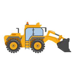 Construction equipment. Special machines.Construction machine.Building work.Heavy construction and mining machinery.Yellow bulldozer tractor.Isolated on white.Side view.Flat vector.