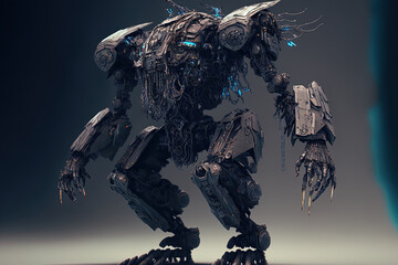 Mecha robot cyber mascot constructed with the head, arms, legs, and weapons. Generative AI