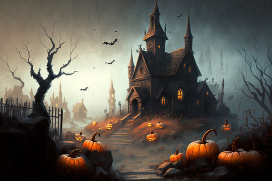 In the mist sits a witch town with pumpkins. Illustration of a realistic Halloween event. Generative AI