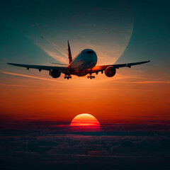Obraz na płótnie Canvas the plane flies into the sunset