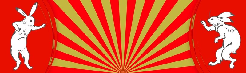 鳥獣戯画のうさぎが描かれた赤と金のサンバーストのバナー背景