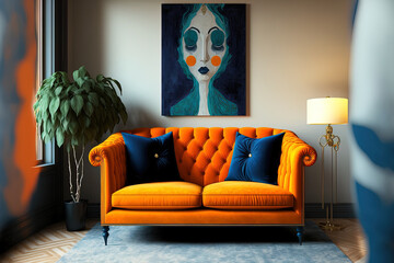Fototapeta day daydaydaydaydaydaydaydaydaydaydaydaydaydaydaydaydaydaydaydaydaydaydaydaydaydaydayday Elegant living area in front view with a vintage orange sofa and blue and yellow seats. a comfortable couch in obraz