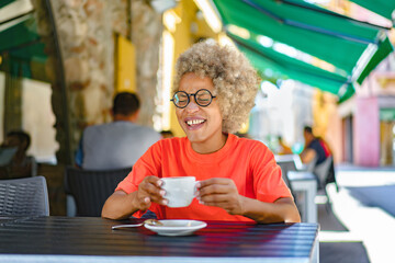 drinks and people concept - happy woman with cup drinking cafe at city street cafe terrace