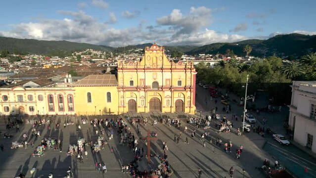 shot in reverse of the church and main square of san cristobal de las casas chiapas mexico