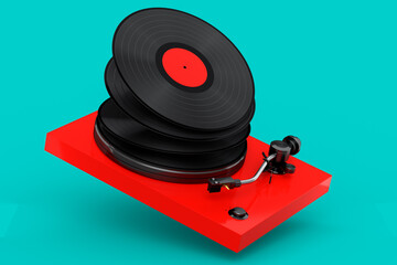 Vinyl record player or DJ turntable with flying vinyl plate on green background.