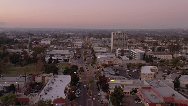 Chula Vista, California. Drone flight over Third Avenue at dusk