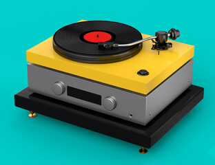 Vinyl record player or DJ turntable with retro vinyl disk on green background.