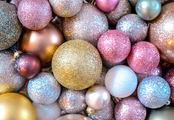colorful sparkel and glitter christmas balls close up