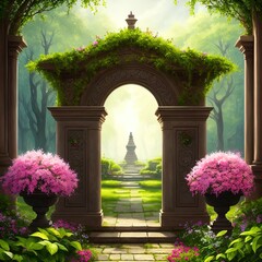 Beautiful fantasy gate, surrounded by greenery. 