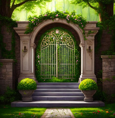 Beautiful fantasy gate, surrounded by greenery. 