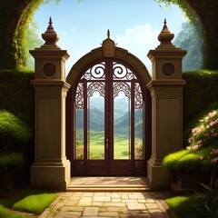 Fototapeta premium Beautiful fantasy gate, surrounded by greenery. 