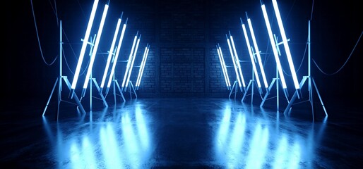 Sci-Fi-Alien-Cyber-Dunkel-Flur-Raum-Korridor-Neonblau-Lichter auf Ständen Glänzender Betonboden-Ziegelwand-Rough-Grunge-3D-Rendering © IM_VISUALS