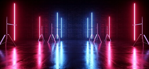 Sci Fi Alien Cyber Dark Hallway Room Corridor Neon Purple Blue Lights On Stands Glossy Concrete Floor Brick Wall Rough Grunge 3D Rendering