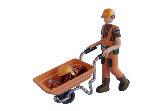 Construction worker with a wheelbarrow full of tools. 3d man pushing cart with tools.3d illustration
