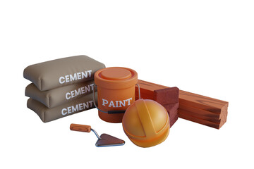 3D Set of construction materials and tools. materials for construction. 3D illustration
