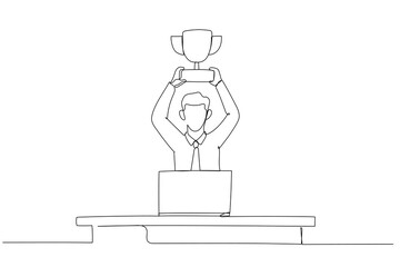 Illustration of businessman in office holding a trophy showing achievement. Single line art style