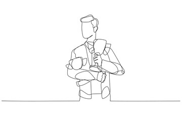 Drawing of businessman holding many awards winning from competition. Single continuous line art style