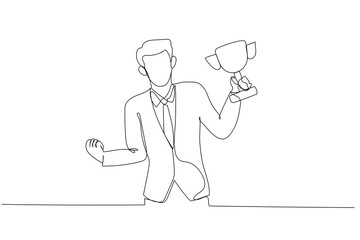 Illustration of businessman holding a trophy success get promotion. Single line art style