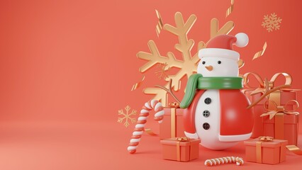 3D render,Christmas and New Year Background,Snowman ,Candy cane and gifts.