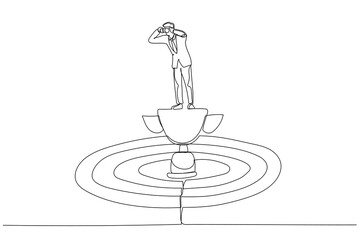 Illustration of businessmen standing above trophy on dartboard using binoculars. Single line art style