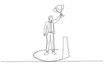 Drawing of businessman holding trophy but get betrayed by someone. Single continuous line art style