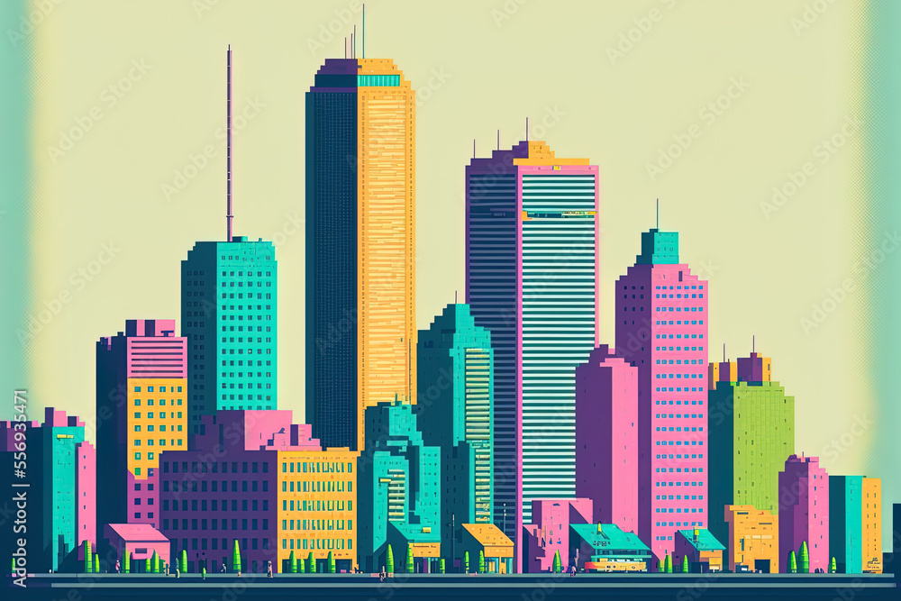 Poster empty city illustration in pixel art. cityscape of the downtown area with colourful homes and struct