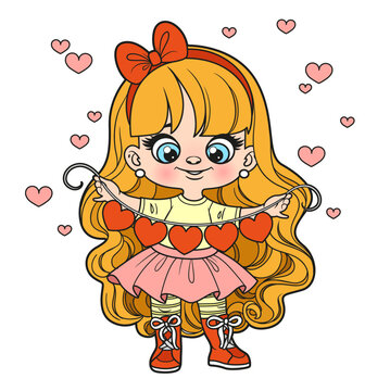 Cute cartoon longhaired girl with paper heart garland coloring page on a white background