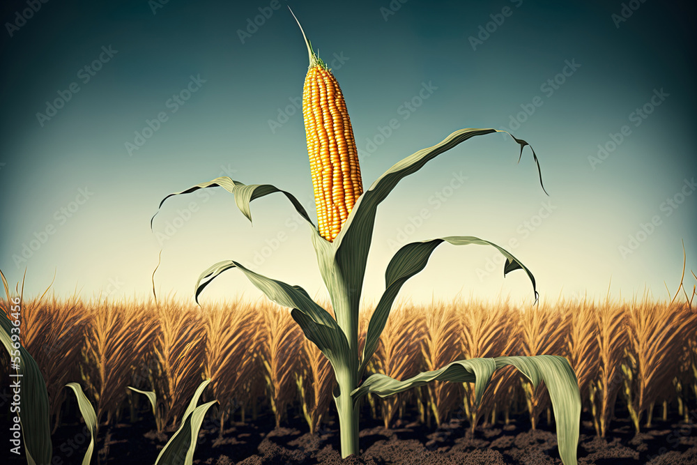 Poster Yellow mature corn on stalks in a field that has been planted for agriculture and the fodder sector. Generative AI