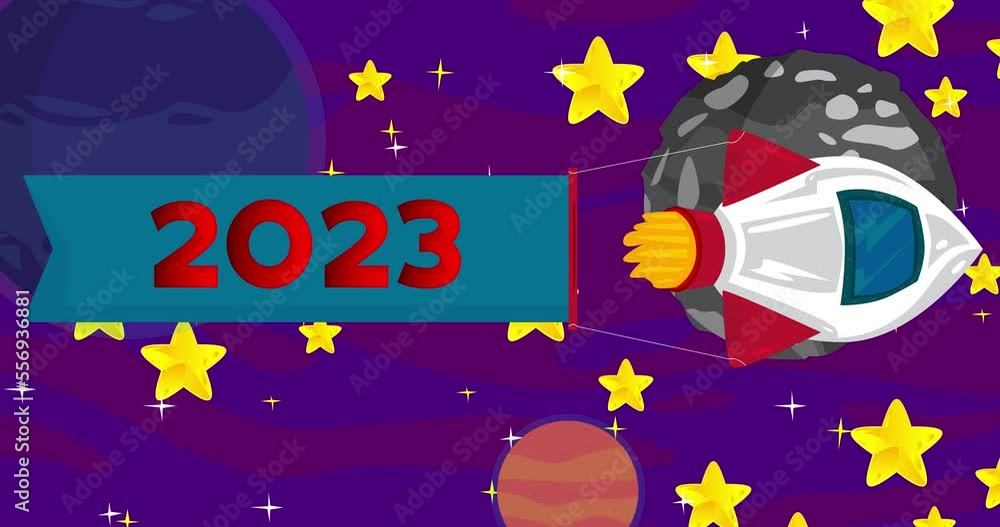 Poster rocket with number 2023 banner in space. cartoon animation.