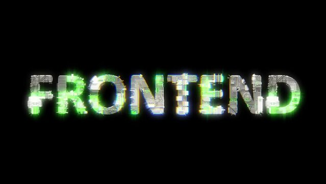 cybernetical text FRONTEND with chromatic aberrance and glitch effects, isolated