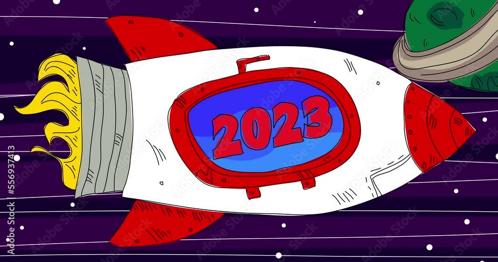 Aufkleber rocket in space with number 2023 on the window. line art cartoon animation.