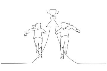 Illustration of motivated businesswoman running on arrow showing direction to trophy way to success. Single continuous line art style