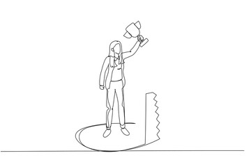 Fototapeta na wymiar Illustration of businesswoman holding trophy but get betrayed by someone. Single continuous line art style
