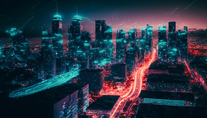 Fototapeta na wymiar Smart city with particle glowing light connection design, big data connection technology concept. Smart city at night 