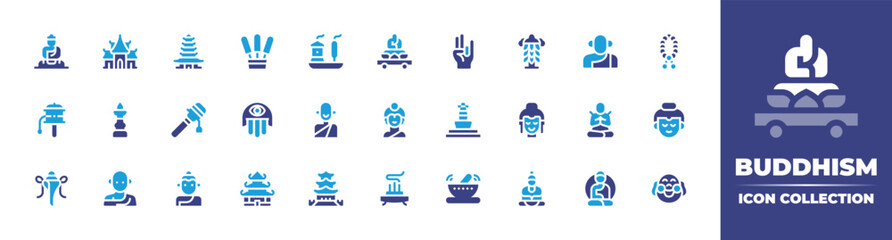 Buddhism icon collection. Duotone color. Vector illustration. Containing great buddha, temple, suzhou, incense, parade, mudra, victory, monk, japa mala, prayer wheel, butter lamp, rattle, and more.