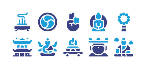 Buddhism icon set. Duotone color. Vector illustration. Containing incense, buddhism, mudra, buddha, mala, temple, guanyin, parade.