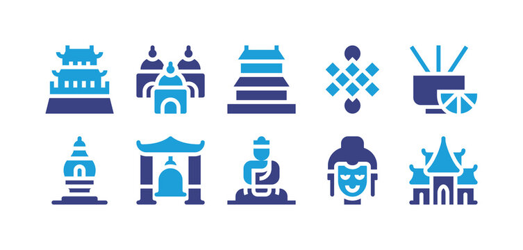 Buddhism icon set. Duotone color. Vector illustration. Containing pagoda, temple, endless knot, incense, stupa, bell, great buddha, buddha.