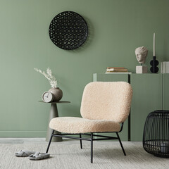 Creative minimalist living room interior composition with frotte armchair,  wooden commode and modern home accessories. Eucalyptus wall. Template. Copy space. Real photo.