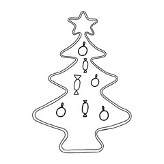Black outline hand drawing vector illustration of a carved Christmas fir tree isolated on a white background