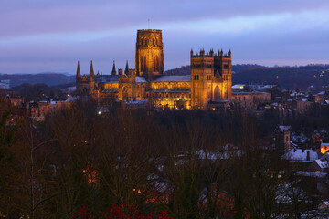 Fototapeta na wymiar View of Durham City just after sunset, with the Cathedral floodlit. County Durham, England, UK.