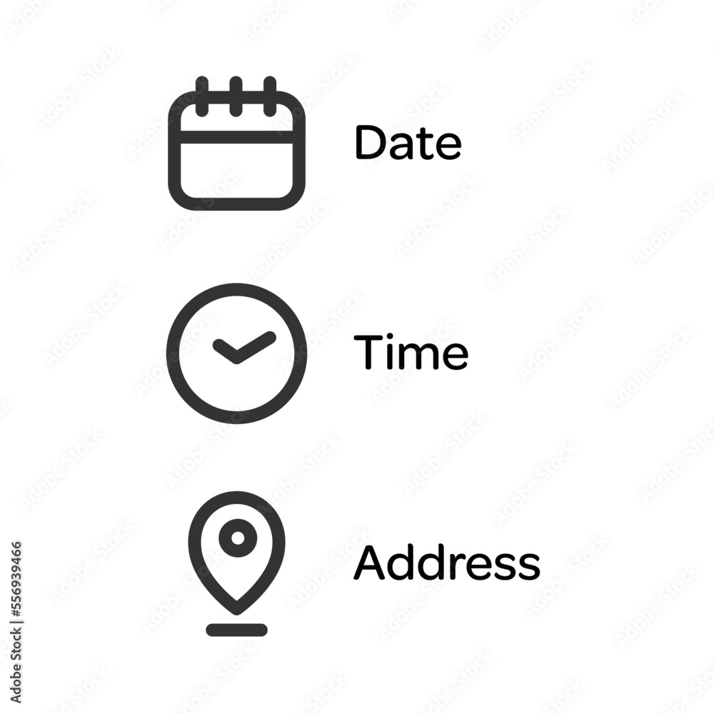 Poster date and time location address icon outline style. event message . information document form symbol 