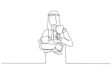 Cartoon of arab businessman holding many awards winning from competition. Single continuous line art