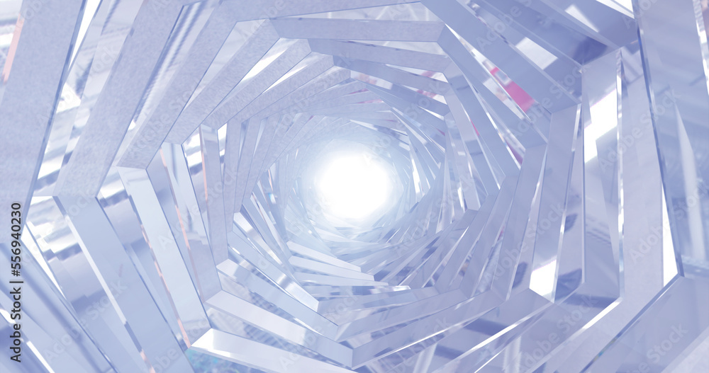 Poster a rotating silver metal chrome shiny tunnel with walls of ribs and lines in the form of a hexagon wi