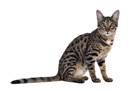 Cute young Savannah F7 cat, sitting side ways Looking at camera with green / yellow eyes. Isolated cutout on a transparent background.