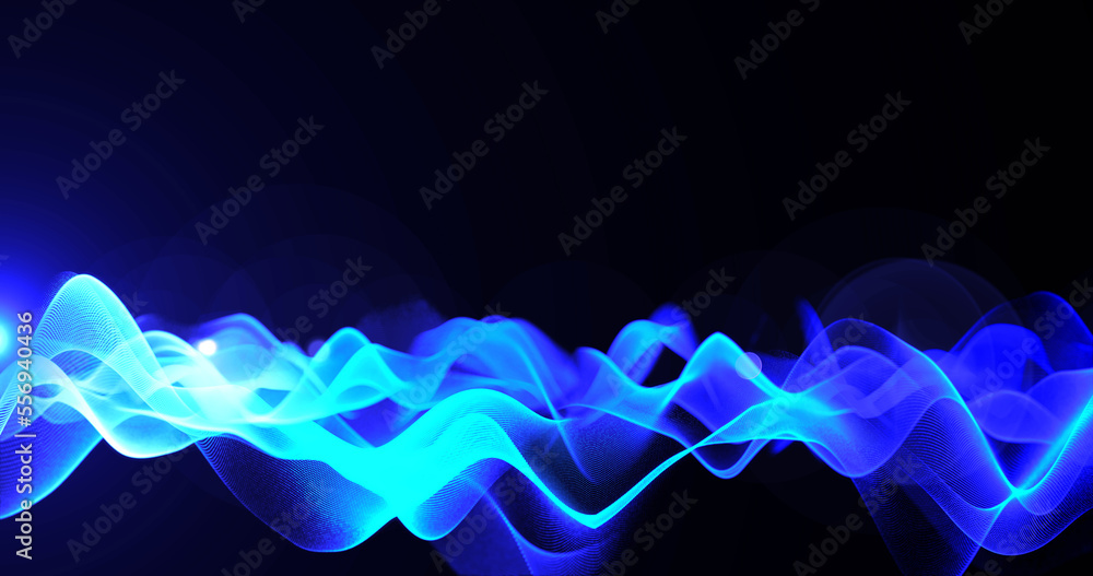 Poster abstract background blue wave from futuristic hi-tech waves dots pixel particles flying with glow ef