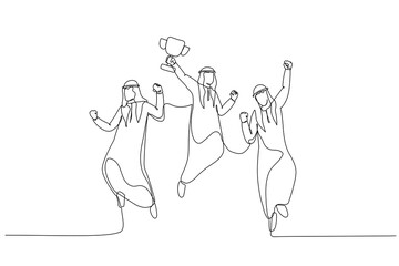 Drawing of arab businessman jumps in the air with trophy cup in the hand getting recognition. Single continuous line art style