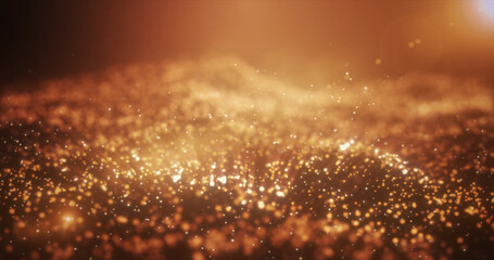 Abstract yellow golden glowing energy waves from particles and dots magical with blur effect on dark background. Abstract background