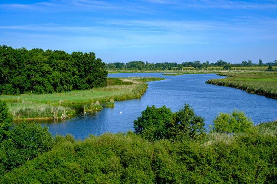 River landscape of the meandering Peene river in the Peene valley near Randow, Hanseatic Town of Demmin, Mecklenburg-Western Pomerania, Germany, Europe.