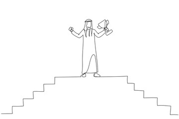 Illustration of arab businessman climbing up to top of high stair way of city show hand up holding trophy. Single continuous line art style