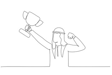 Drawing of arab businessman wins a trophy metaphor of best employee. One line art style
